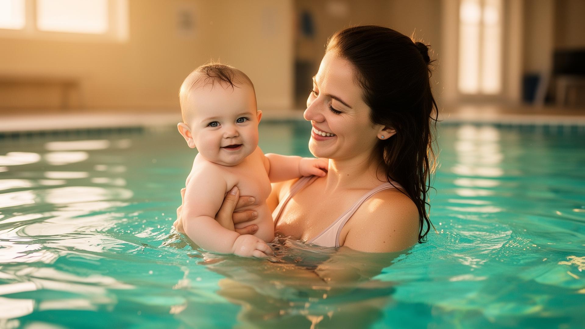 Bebê na piscina com a mãe em aula de natação para bebês